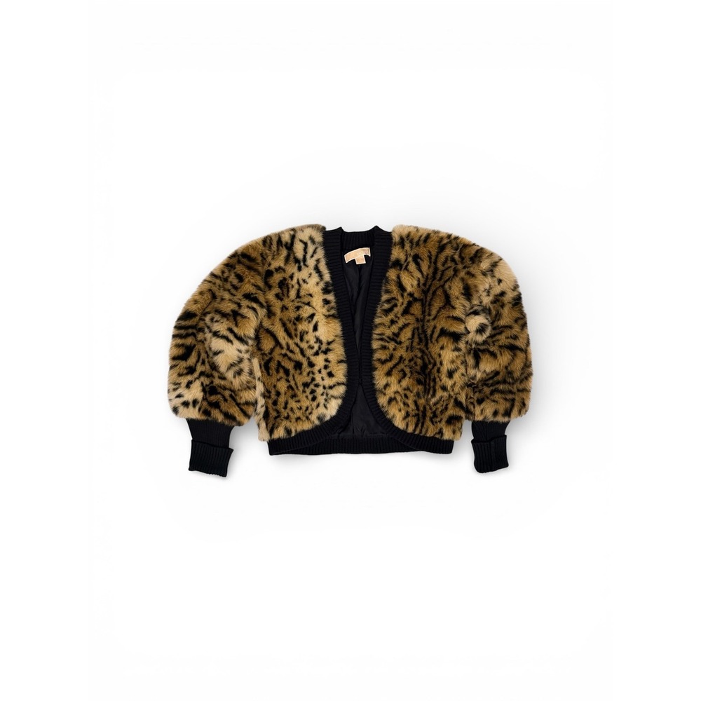Michael Michael Kors‎ Faux Leopard Fur Bomber Jacket Brown Black Animal Print